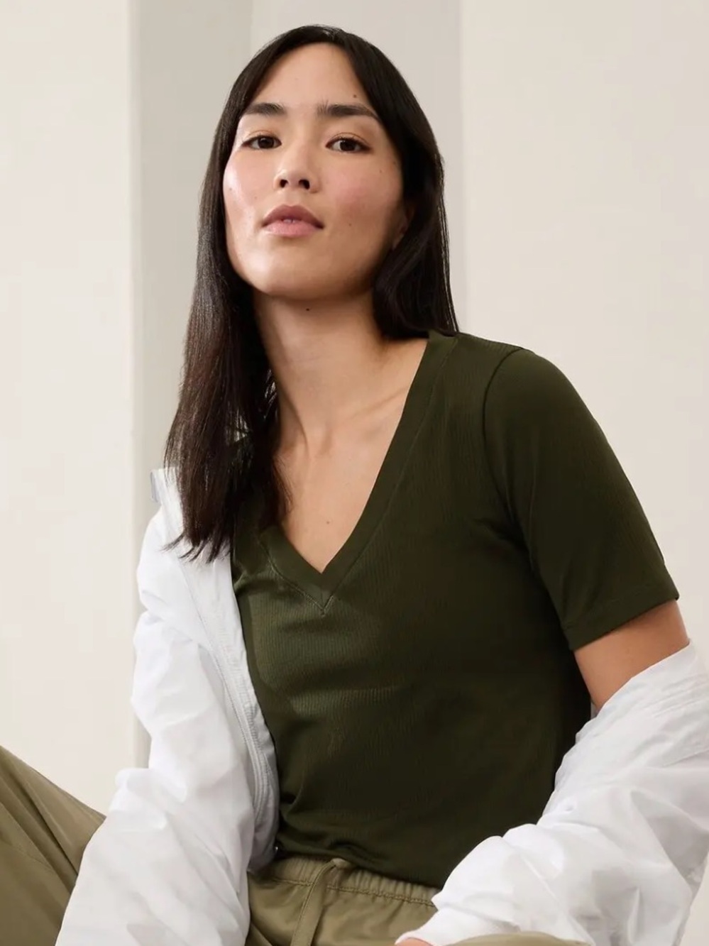 Athleta Ribbed V-Neck Short Sleeve Tee in Olive Green